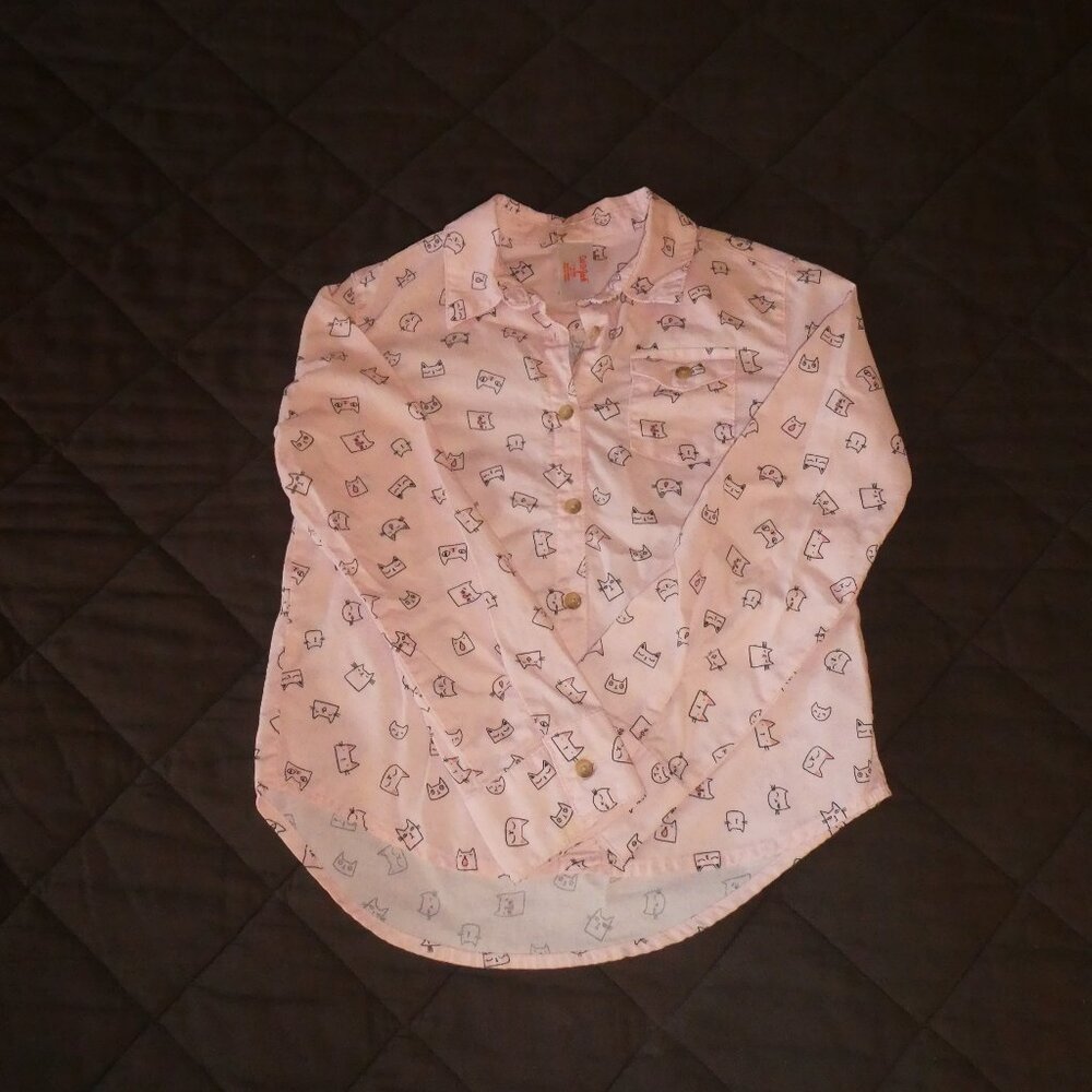 4/$20 Cat & Jack Toddler Girls Pink Cats Long Sleeve Button Down Shirt Size 6